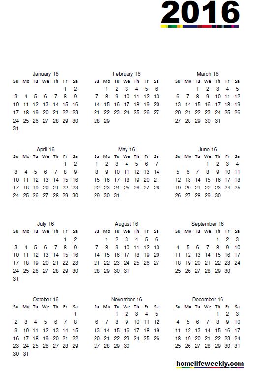 2016 Free Printable Calendar whole sheet