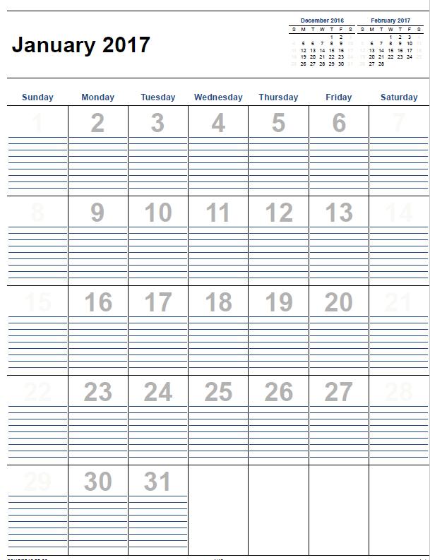 monthly calendar printable 2017