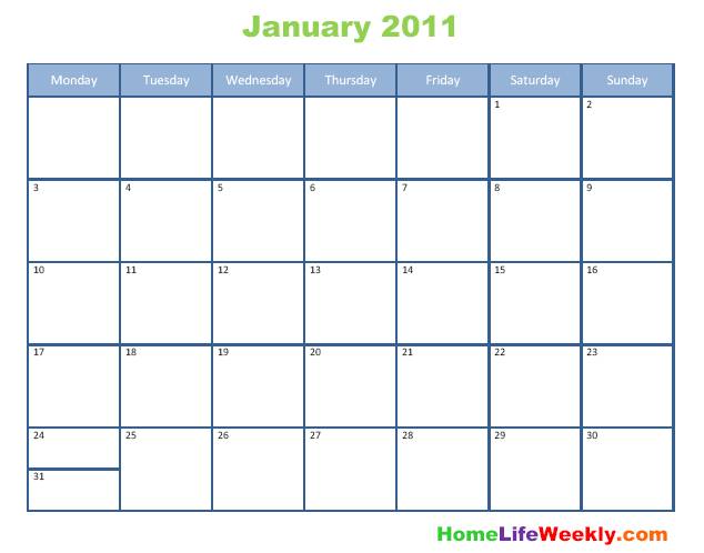 2011 calendar month by month