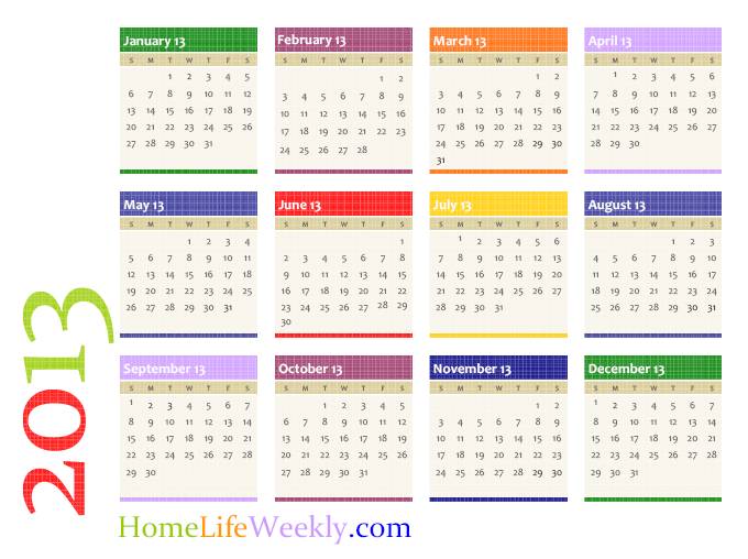 Printable Calendar 2013 Home Life Weekly