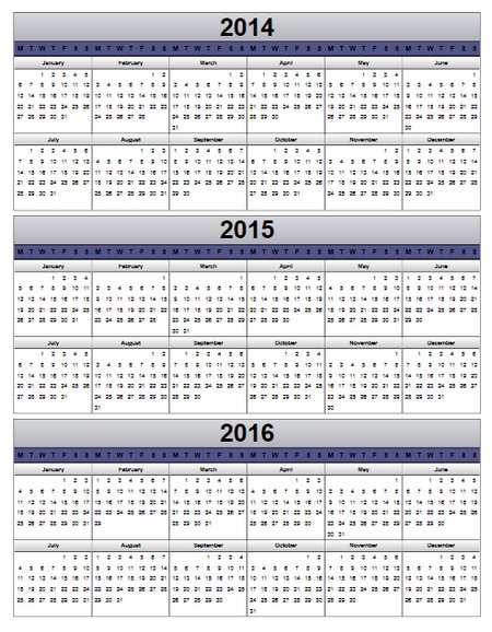 Multi Year Calendar 2014 2015 2016