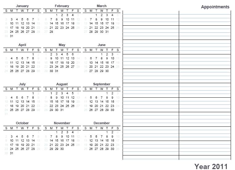 This 2011 full year free printable calendar has all the months on one single 