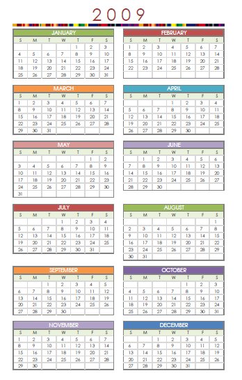 This 2009 full year free printable calendar has all the months on one single 