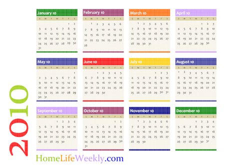 2010 Calendar on Single Page Calendar 2010 Printable Colorful Download