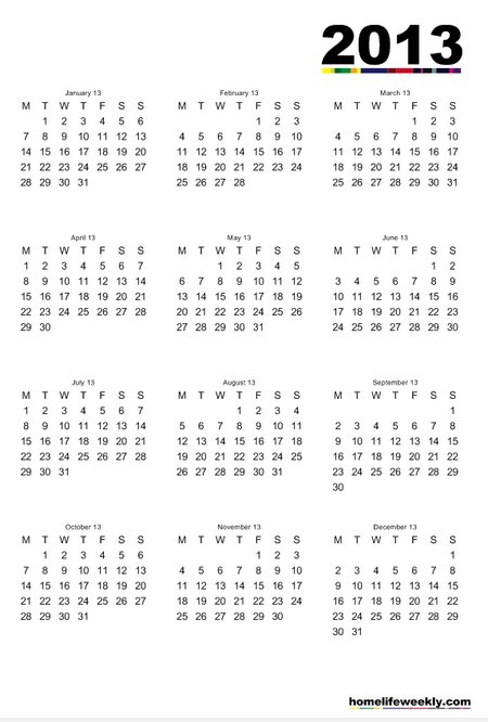 2013 Free Printable Calendar whole sheet