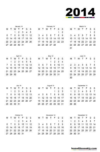 2014 Free Printable Calendar whole sheet