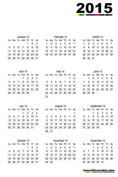 2015 Free Printable Calendar whole sheet