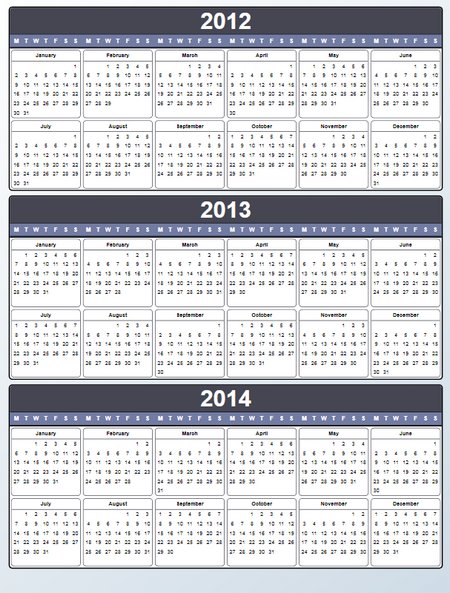 Yearly Calendar 2012 2013 2014 Printable