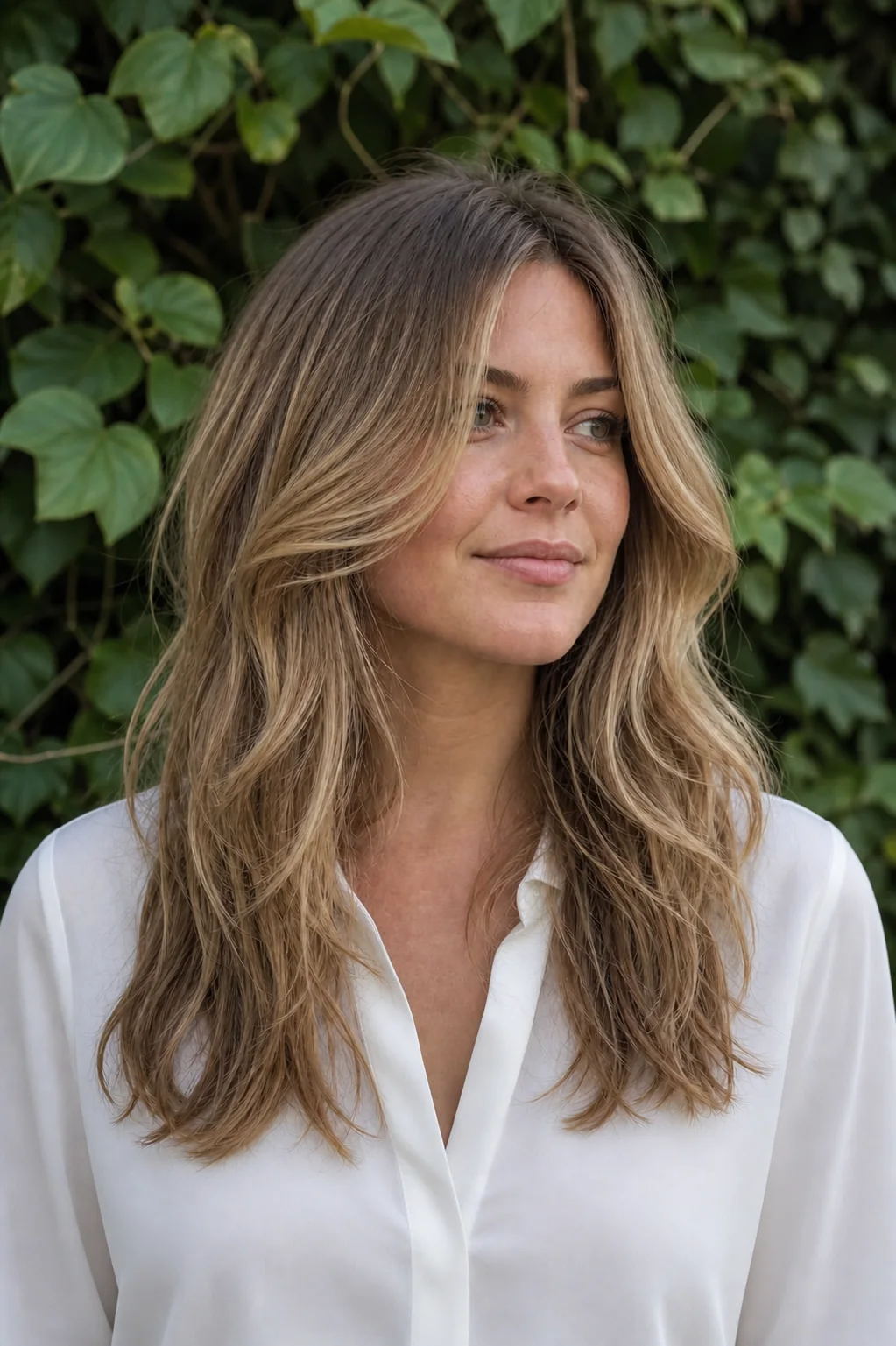 White woman wearing a naturally air-dried butterfly haircut