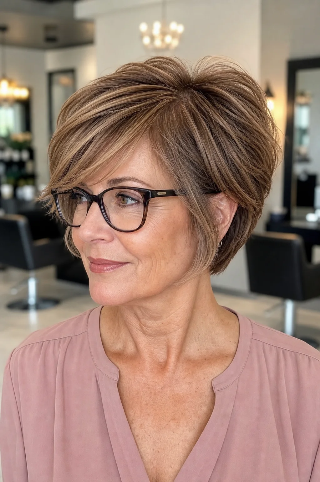 White woman wearing glasses and a bixie haircut with side bangs