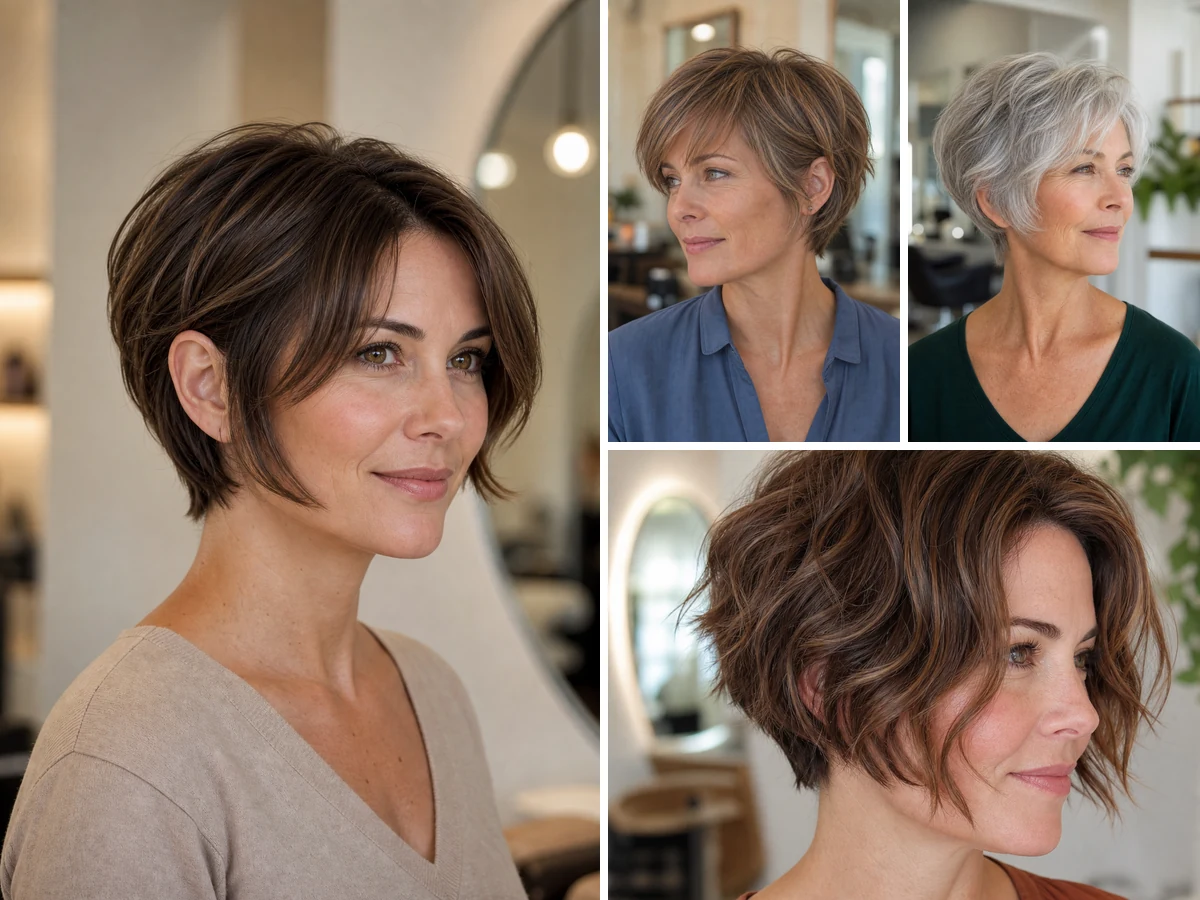 Four women wearing soft, tousled, wavy and silver bixie haircuts