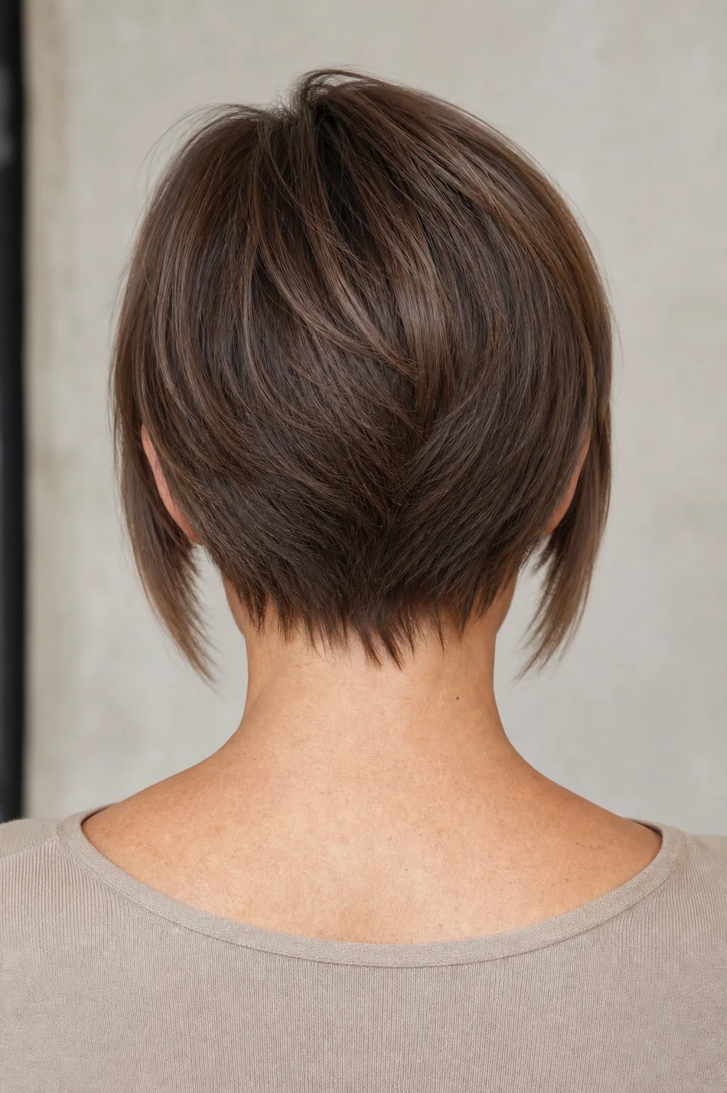 Back view of a brunette bixie haircut with a sculpted layered nape