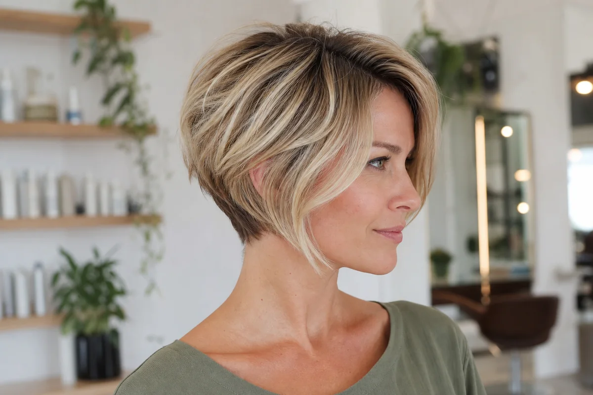 White woman wearing a blonde bixie haircut with darker roots