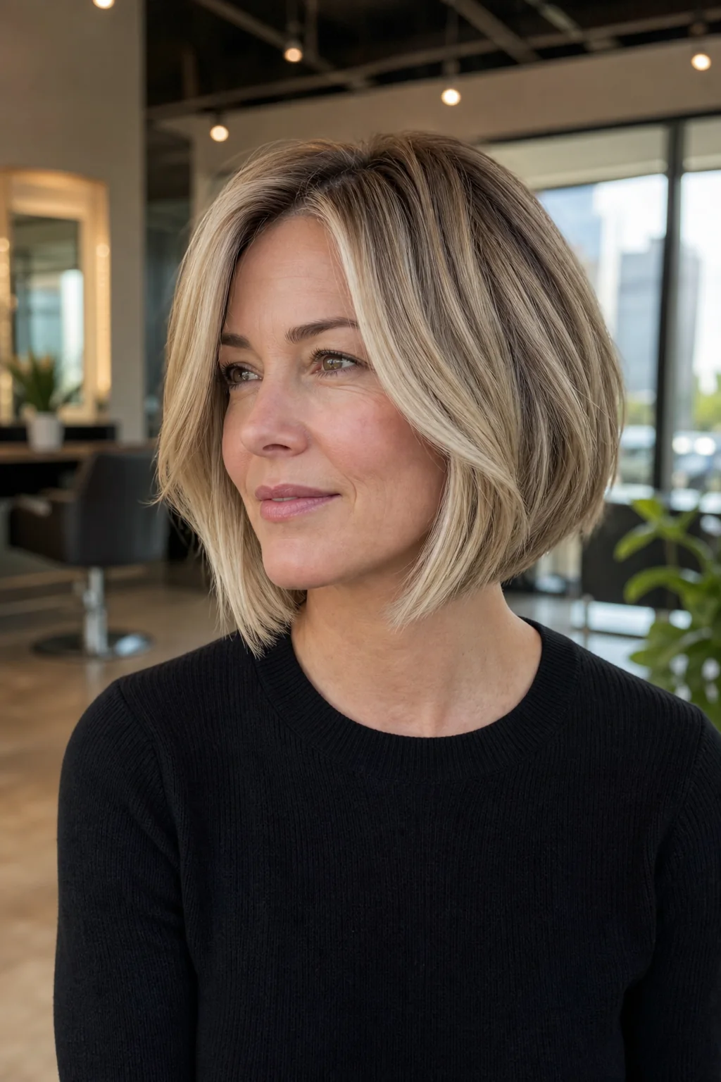 White woman wearing a blonde French bob with darker roots