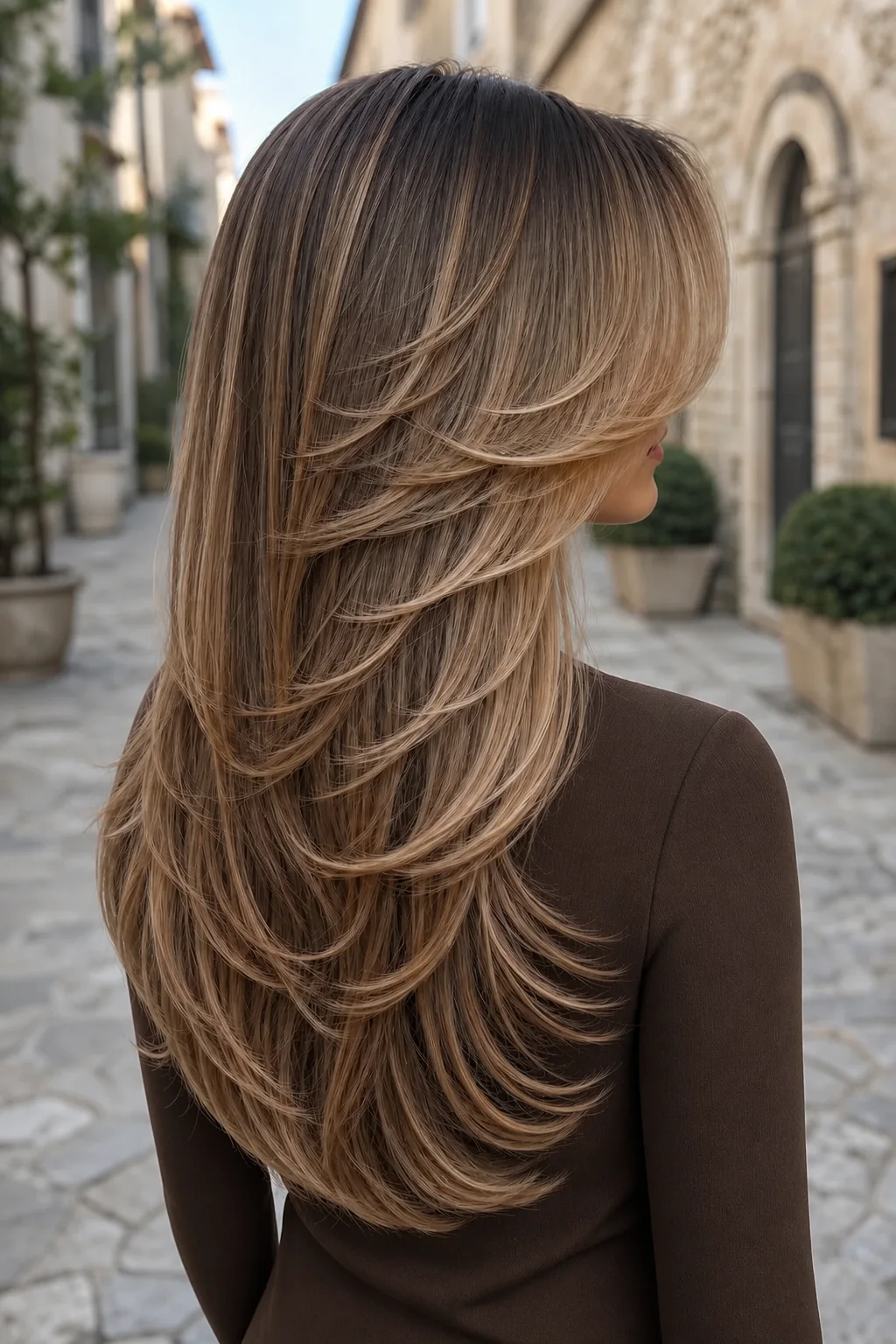 Back three-quarter view of a long balayage butterfly haircut