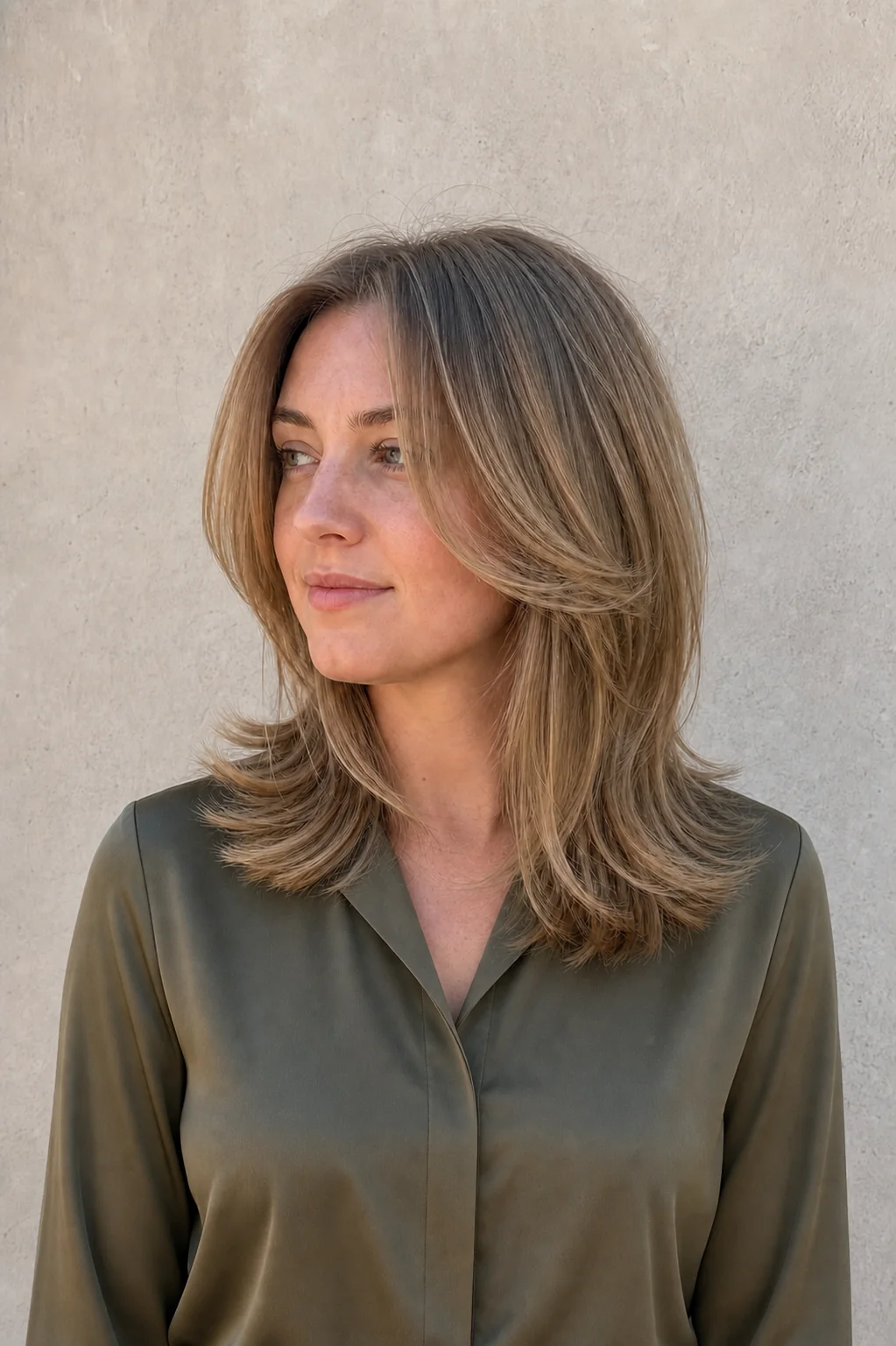 White woman with fine dark blonde hair wearing a butterfly haircut