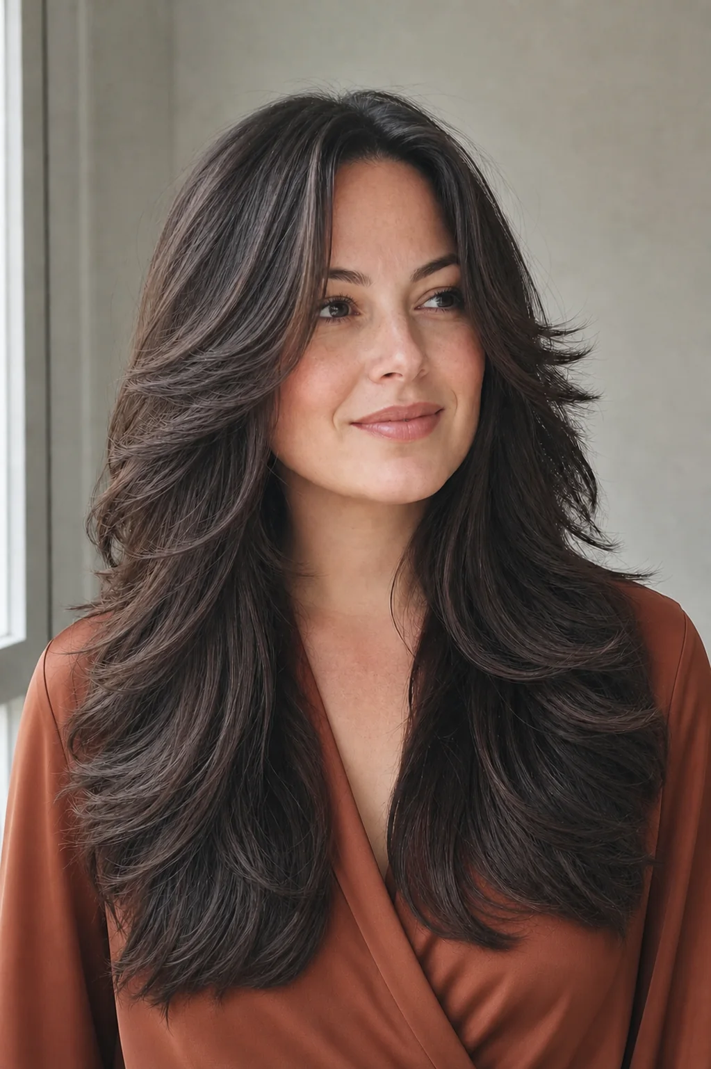 White woman with thick dark brunette hair wearing long butterfly layers