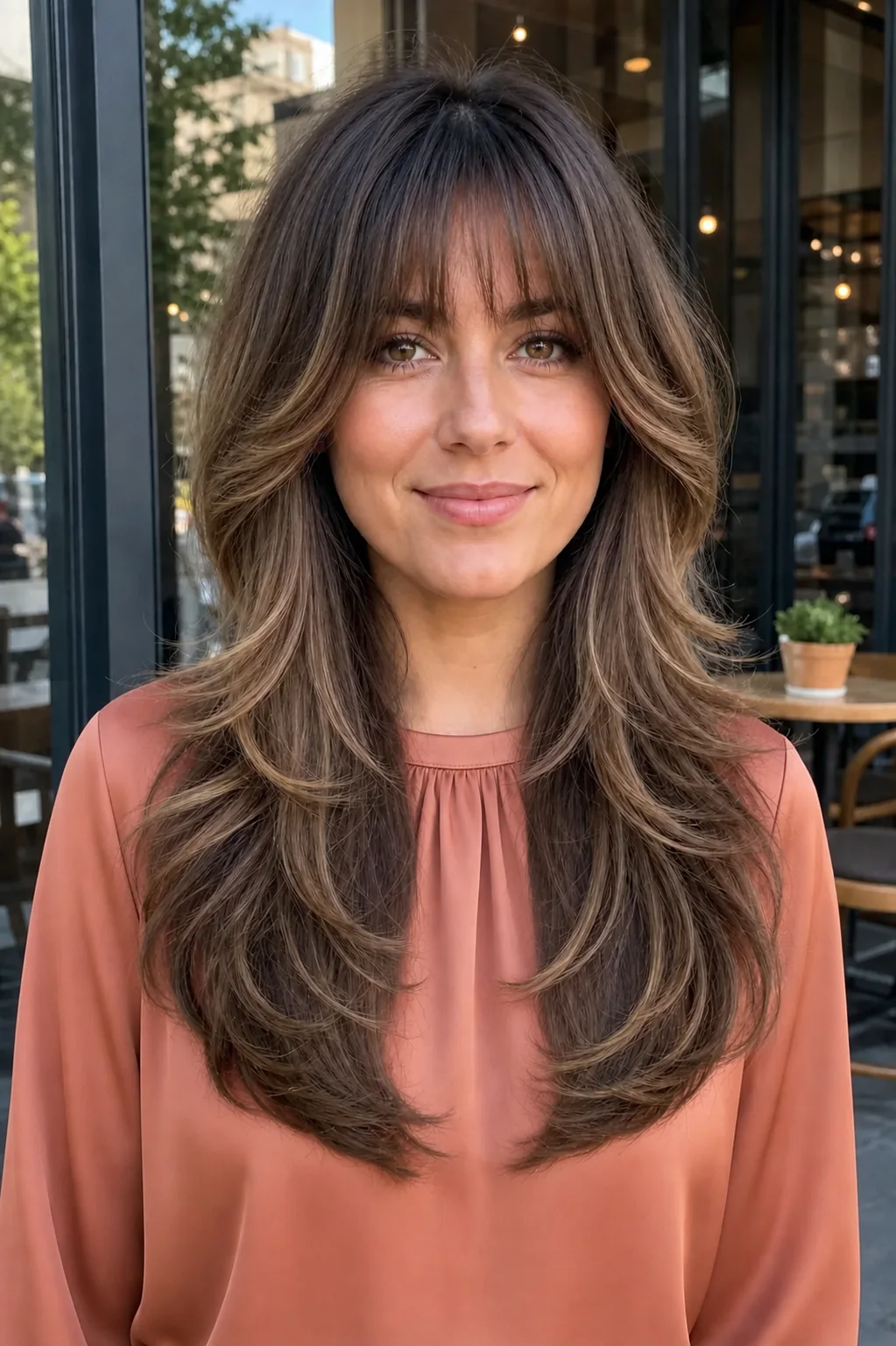 White woman with medium highlighted butterfly haircut and wispy bangs