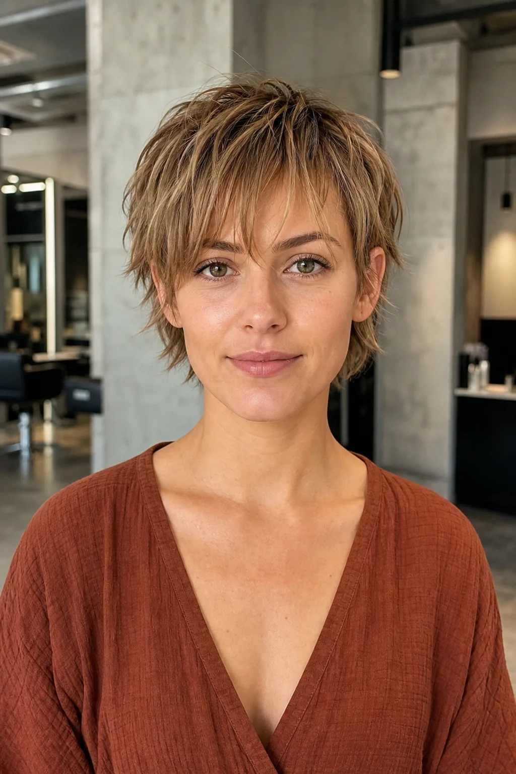 White woman with dark blonde hair wearing a choppy bixie with piecey ends