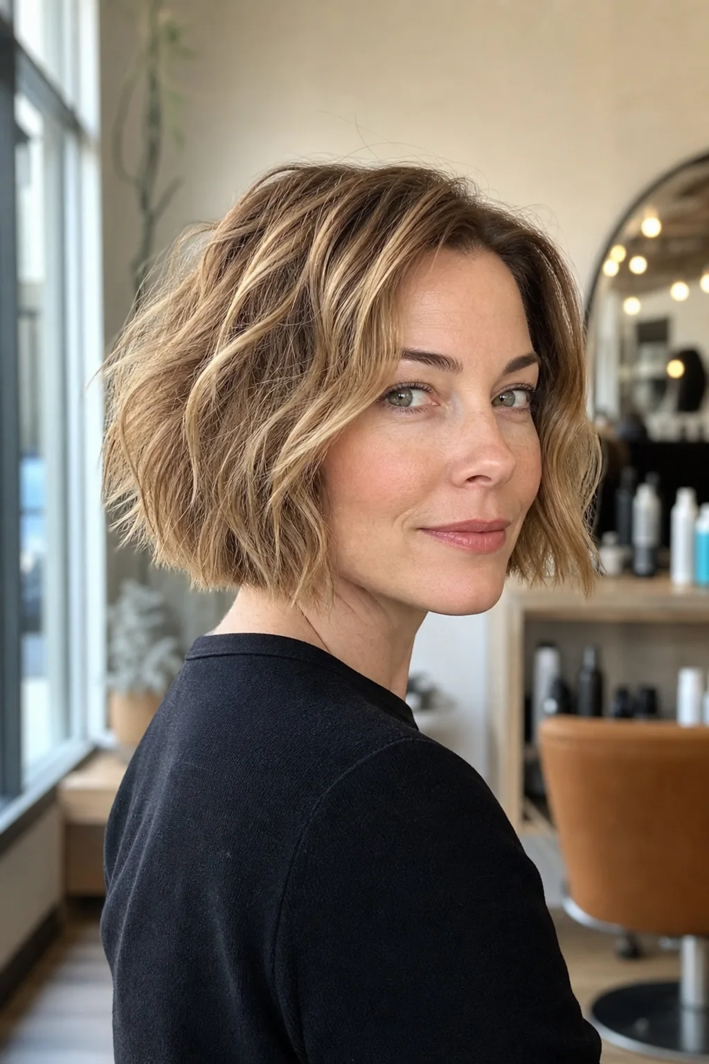 White woman with dark blonde hair wearing a choppy textured French bob