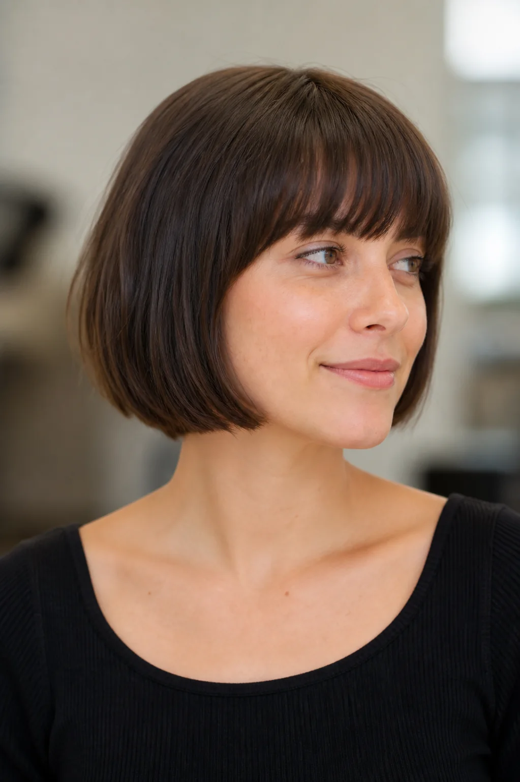 White woman with brunette hair wearing a classic jaw-length French bob with full bangs