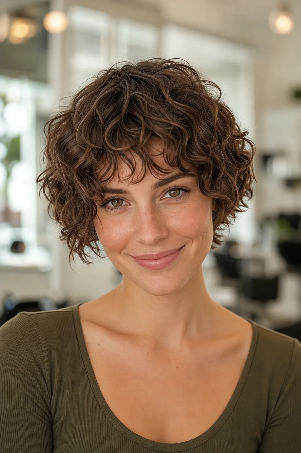 White woman with brown curly hair wearing a curly bixie with a soft fringe