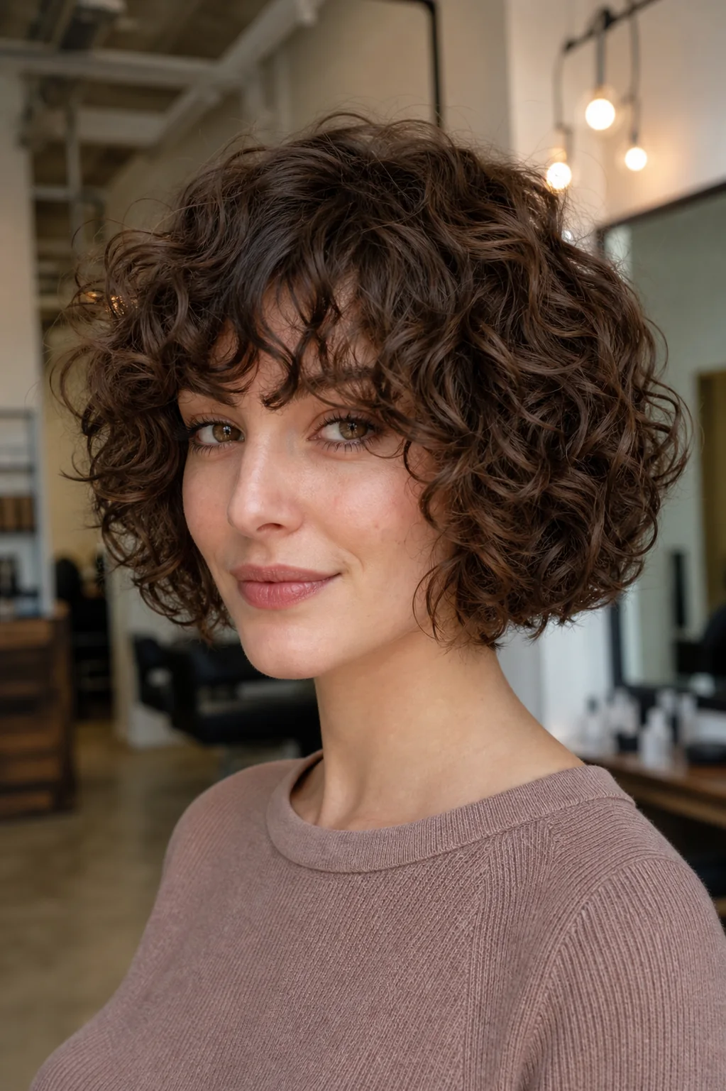 White woman with brown curly hair wearing a French bob with a soft curly fringe