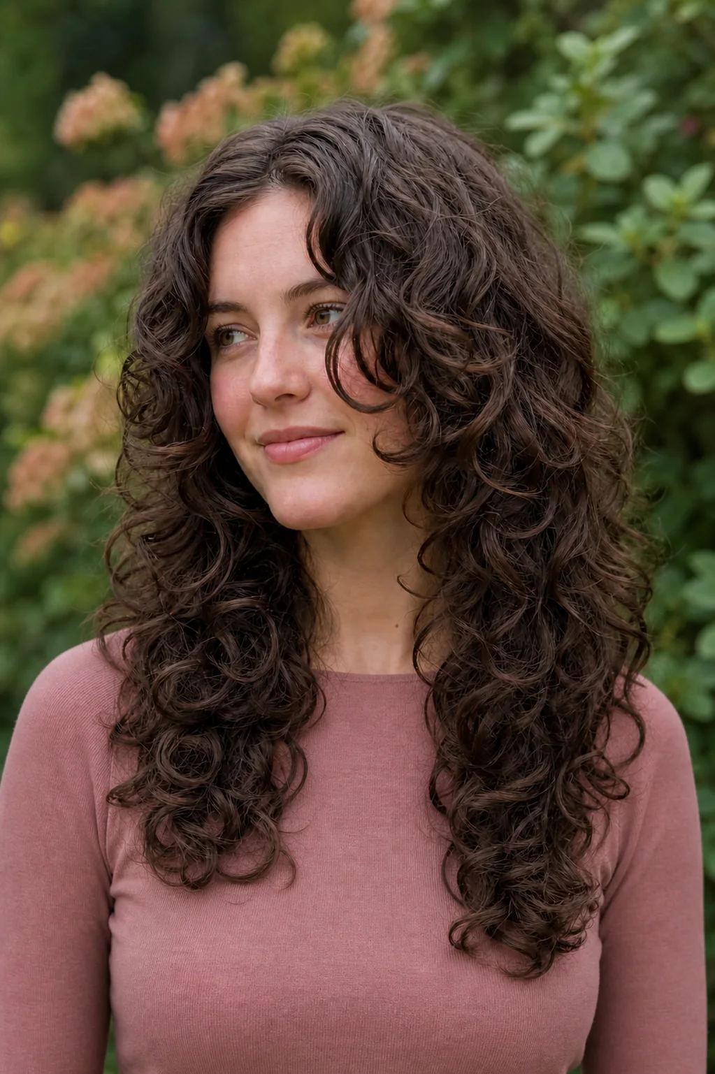 White woman with long curly brunette hair wearing rounded butterfly layers
