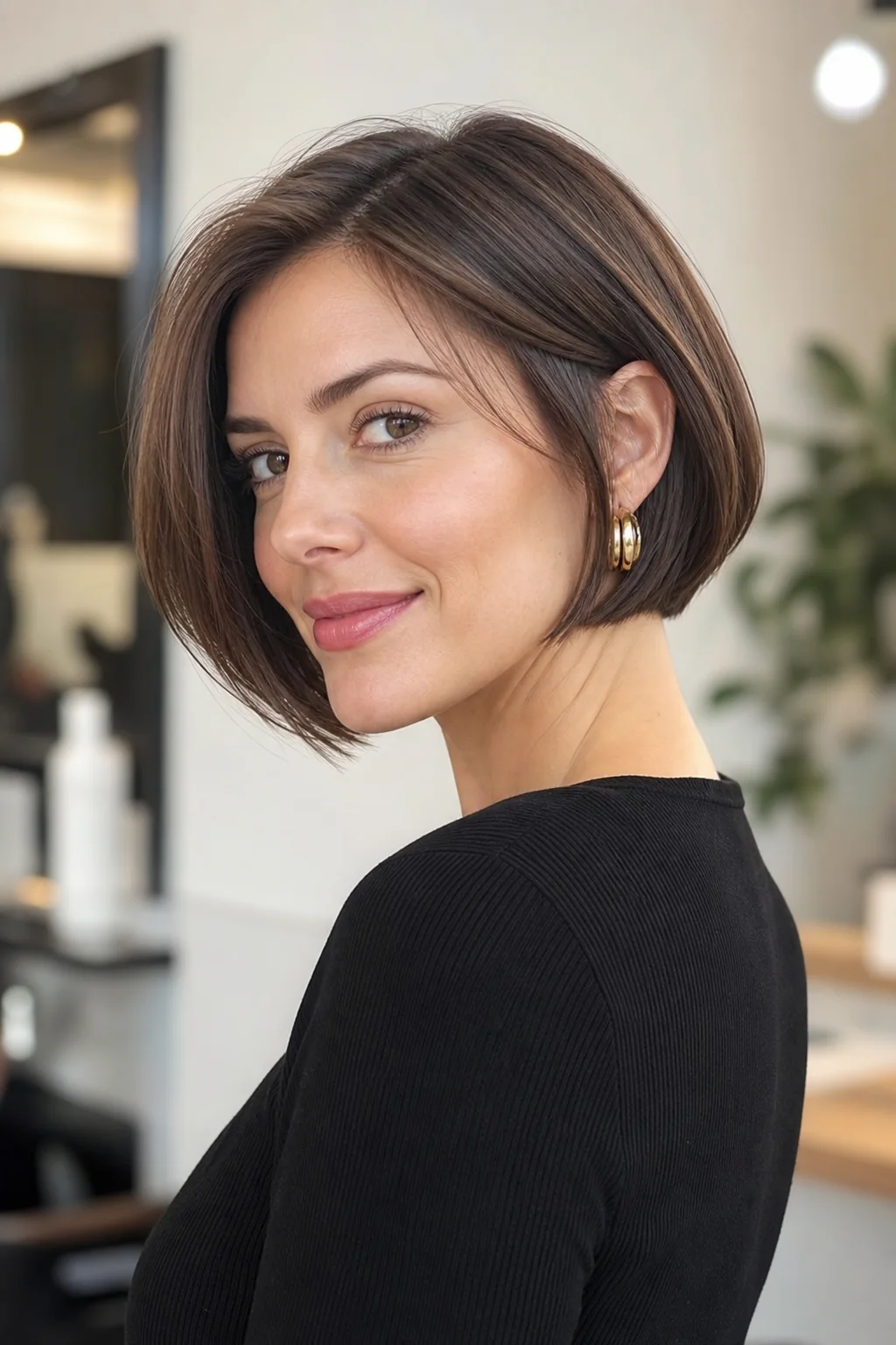 White woman with brunette hair wearing an ear-length French bob