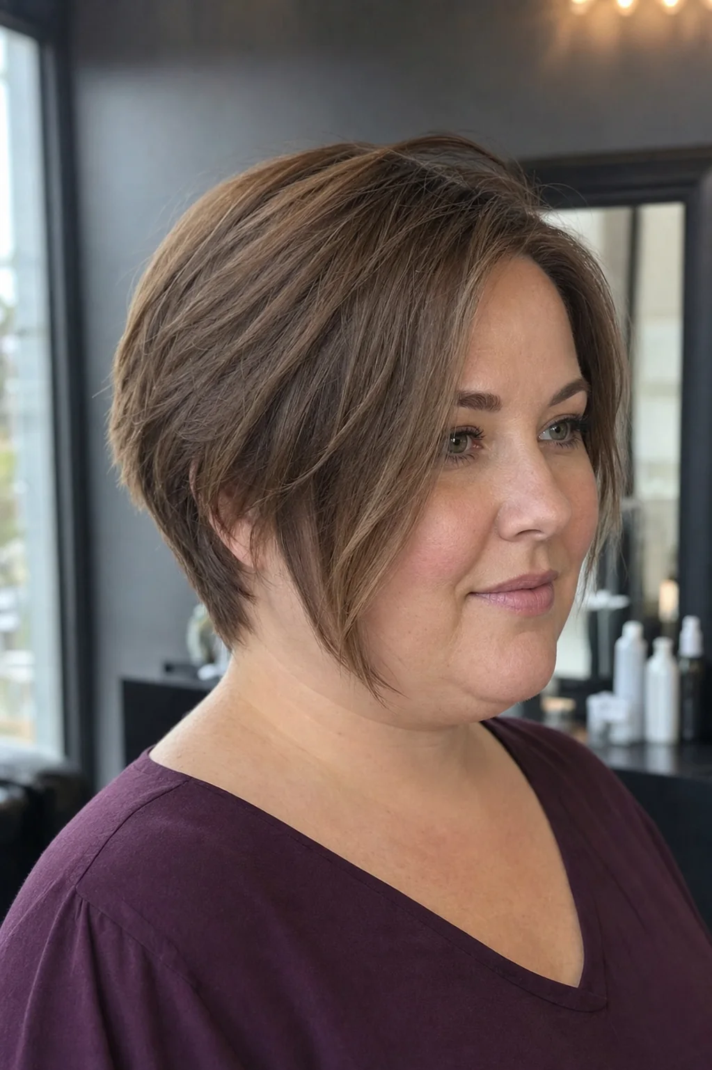 White woman with a round face wearing a face-framing brunette bixie