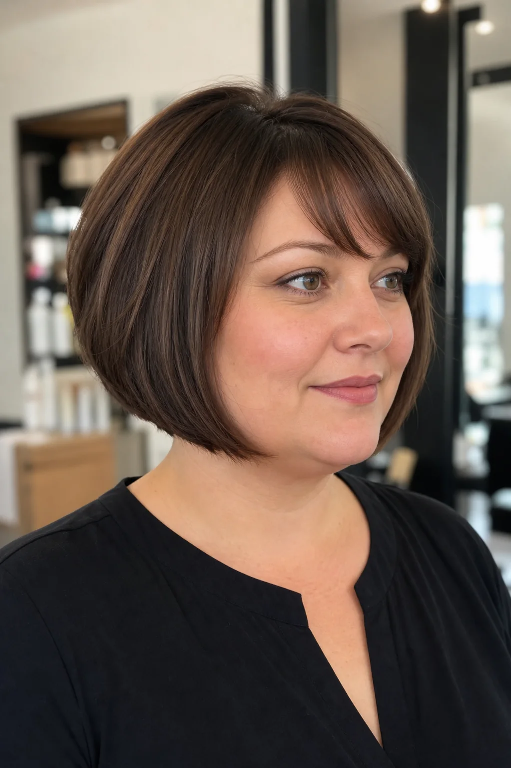 White woman with a round face wearing a softly angled French bob
