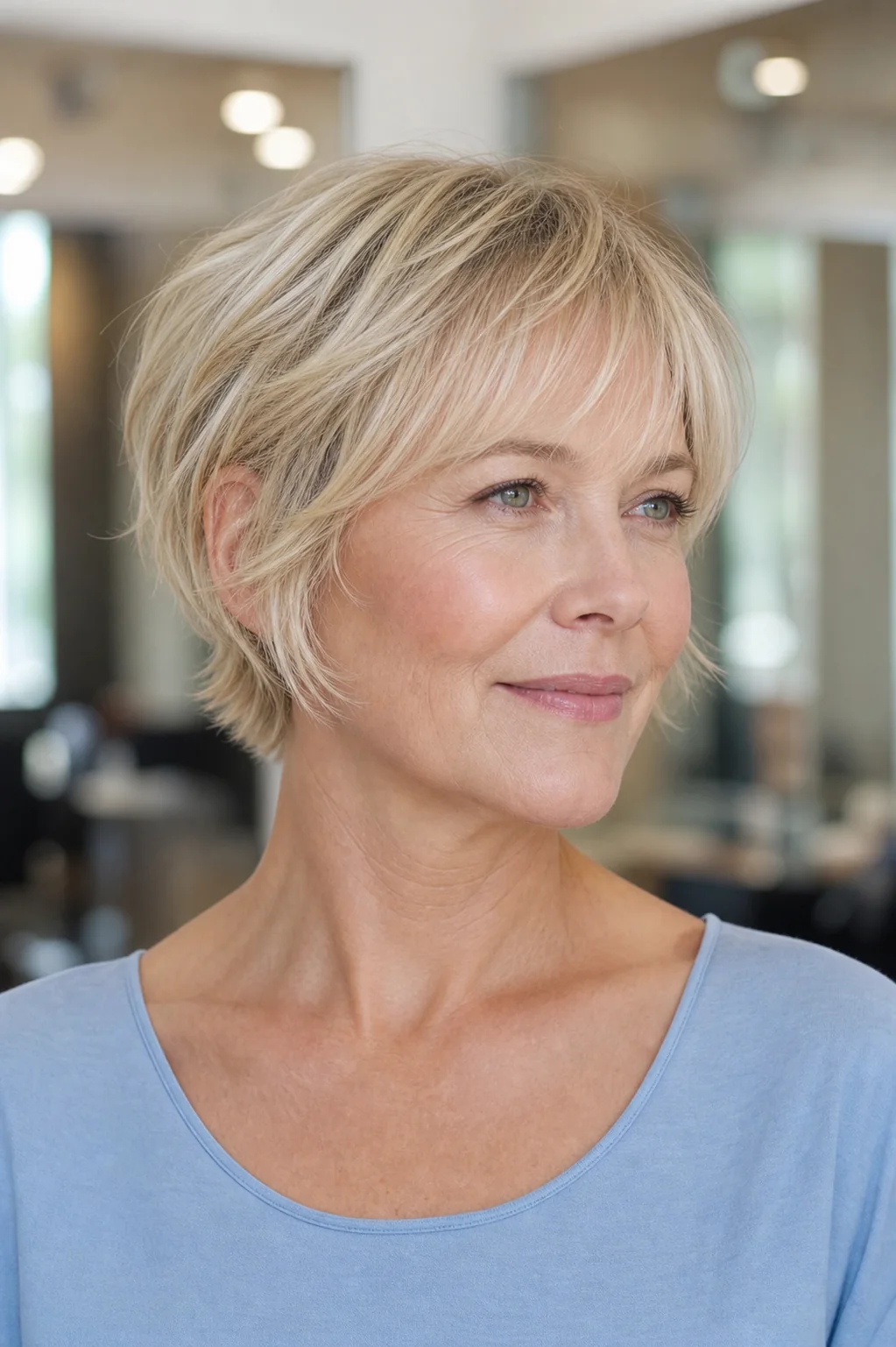 White woman with fine blonde hair wearing a feathered bixie with wispy bangs
