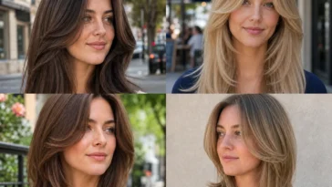 Four women wearing long, medium, curly and silver butterfly haircuts