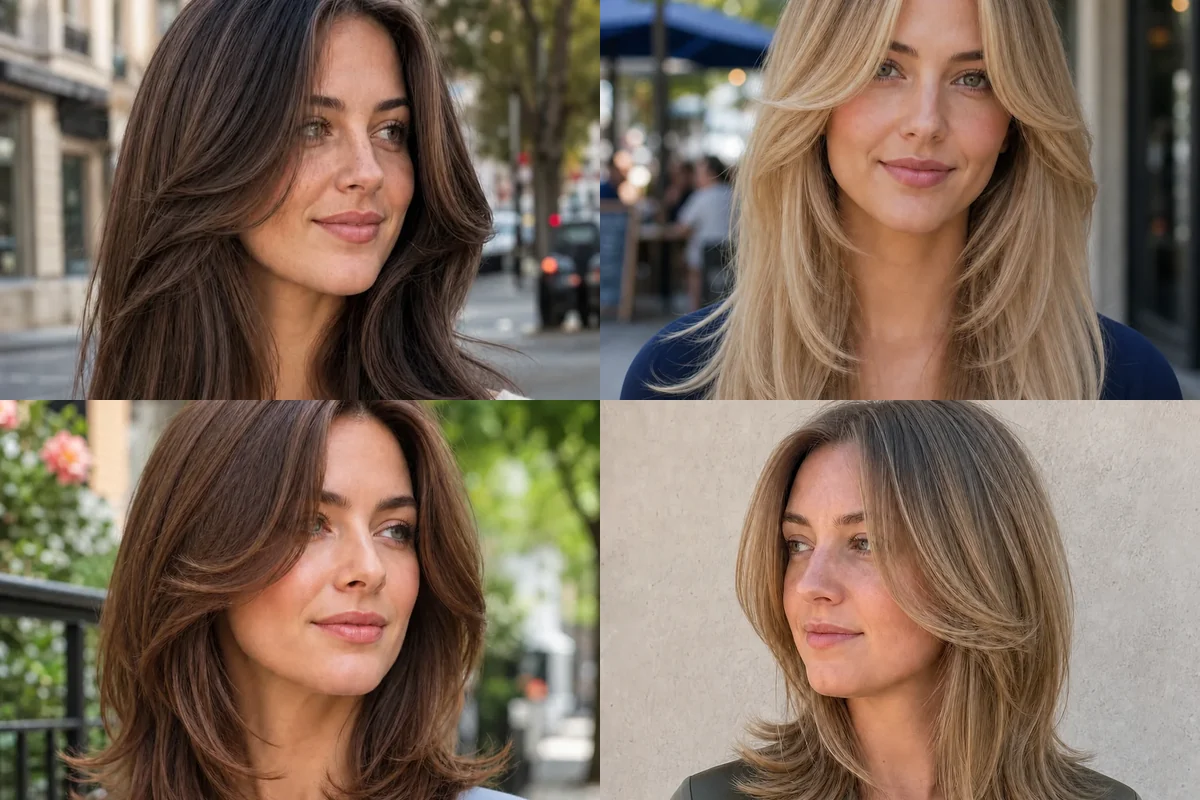 Four women wearing long, medium, curly and silver butterfly haircuts