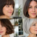 Four women wearing classic, no-bangs, wavy and silver French bob haircuts