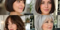 Four women wearing classic, no-bangs, wavy and silver French bob haircuts
