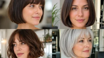 Four women wearing classic, no-bangs, wavy and silver French bob haircuts