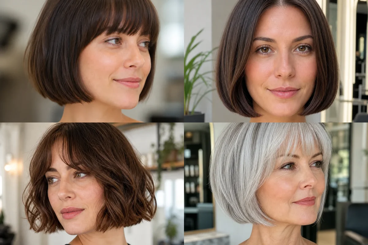 Four women wearing classic, no-bangs, wavy and silver French bob haircuts