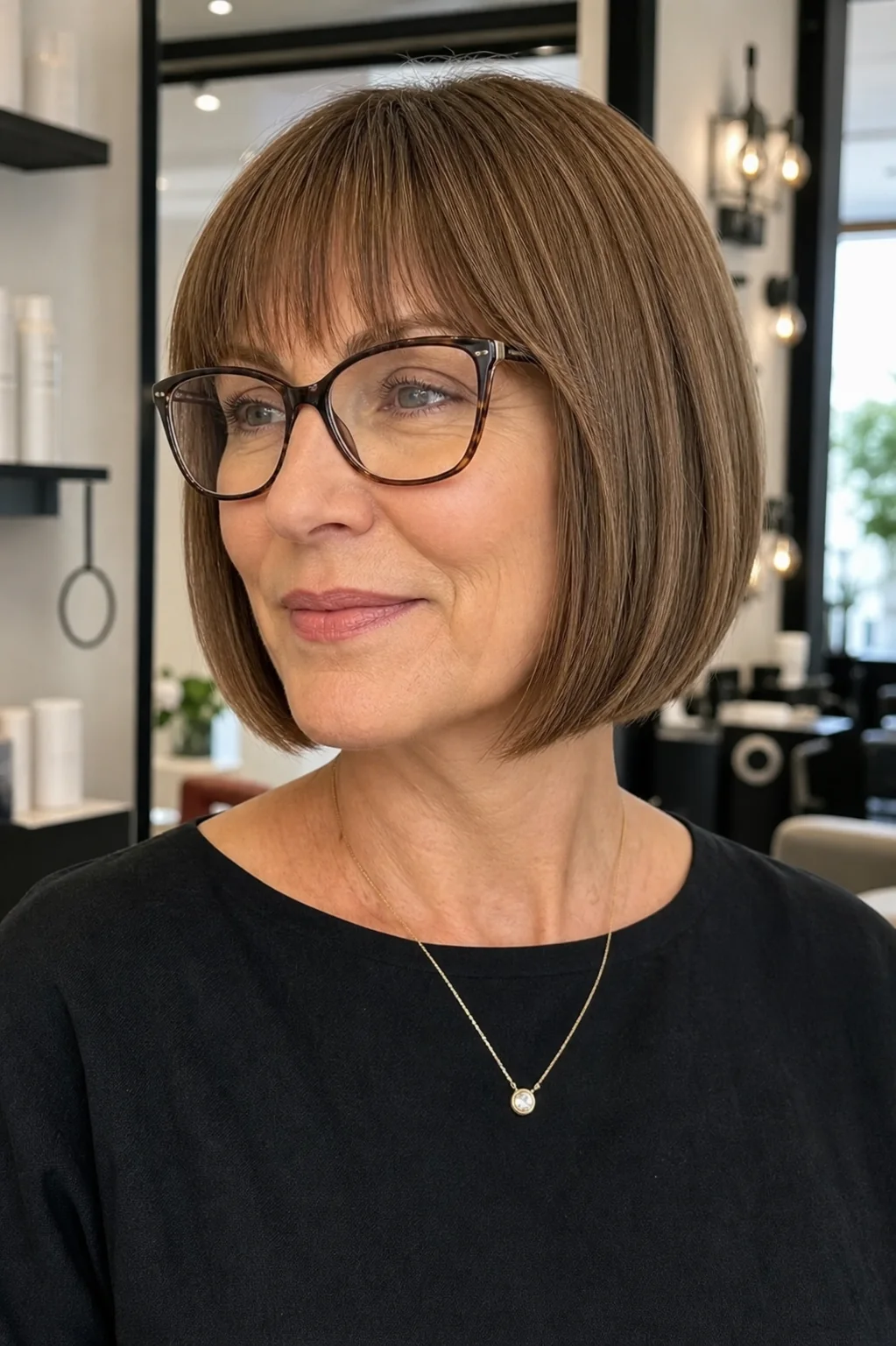 White woman wearing glasses and a French bob with soft bangs