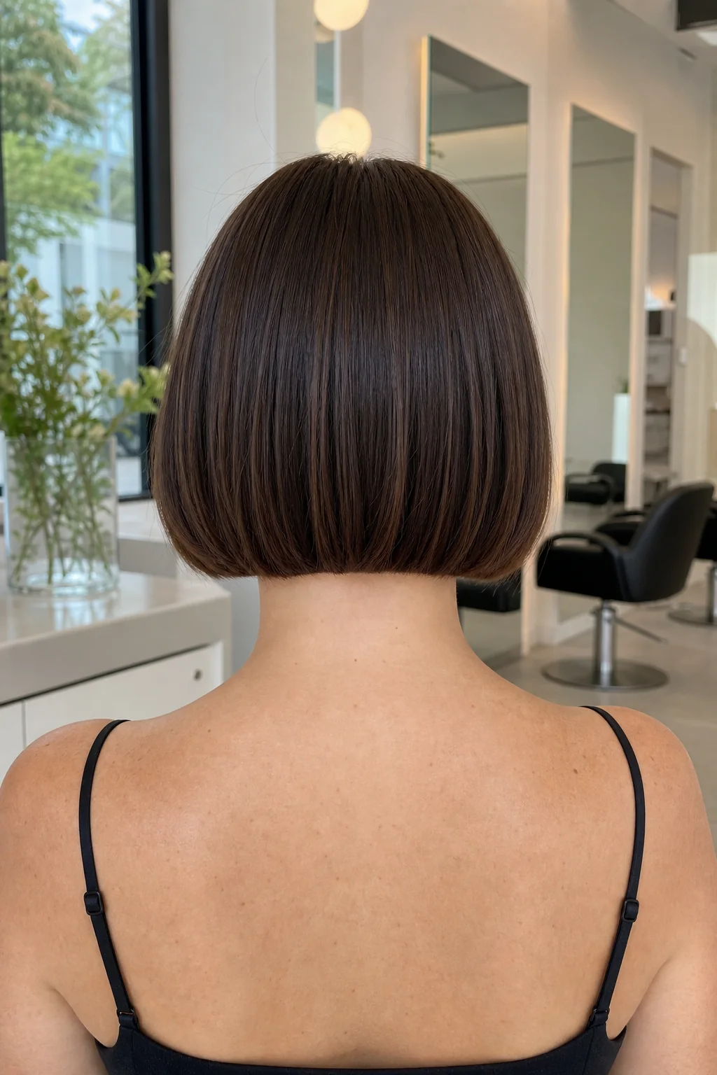 Back view of a brunette French bob with a softly sculpted nape