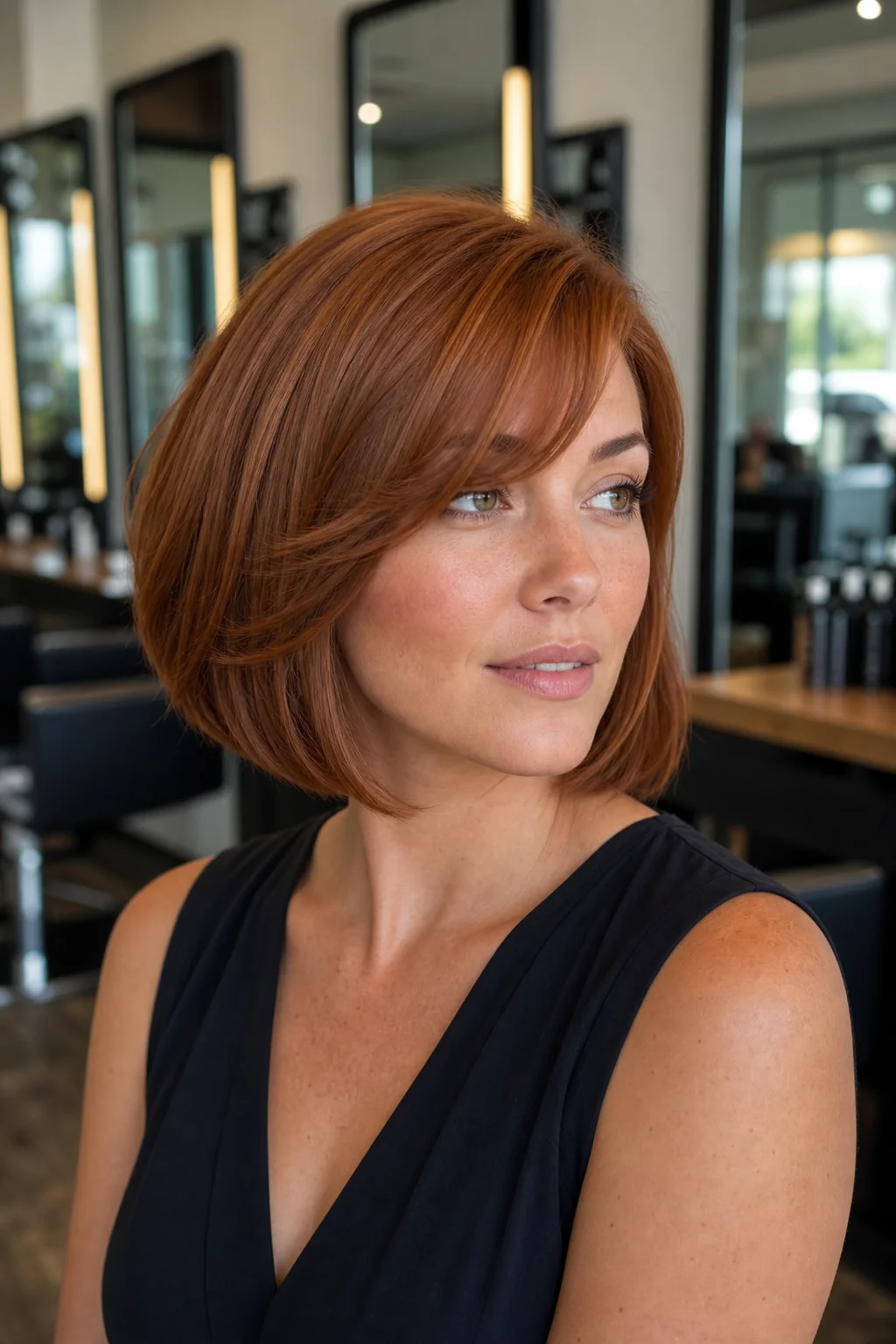 White woman with auburn hair wearing a French bob with side-swept bangs