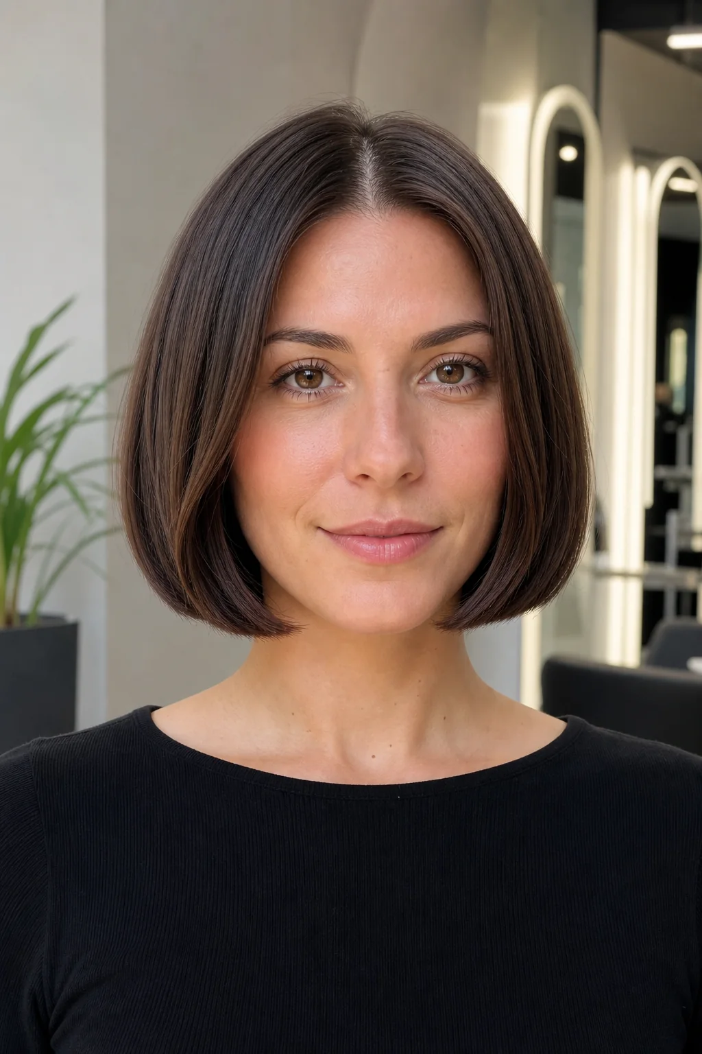 White woman with dark brown hair wearing a French bob without bangs