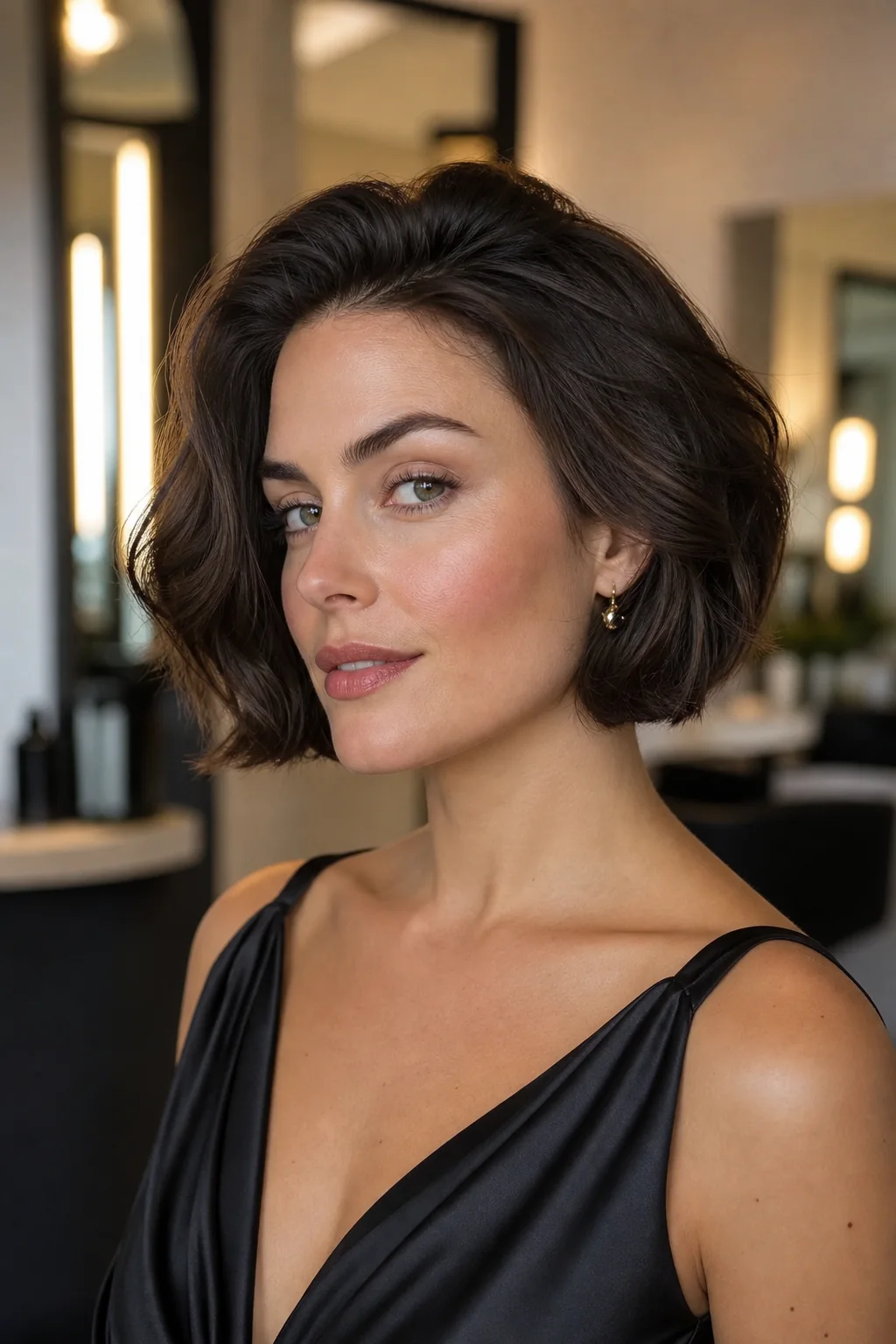 White woman wearing a glamorous French bob swept away from the face