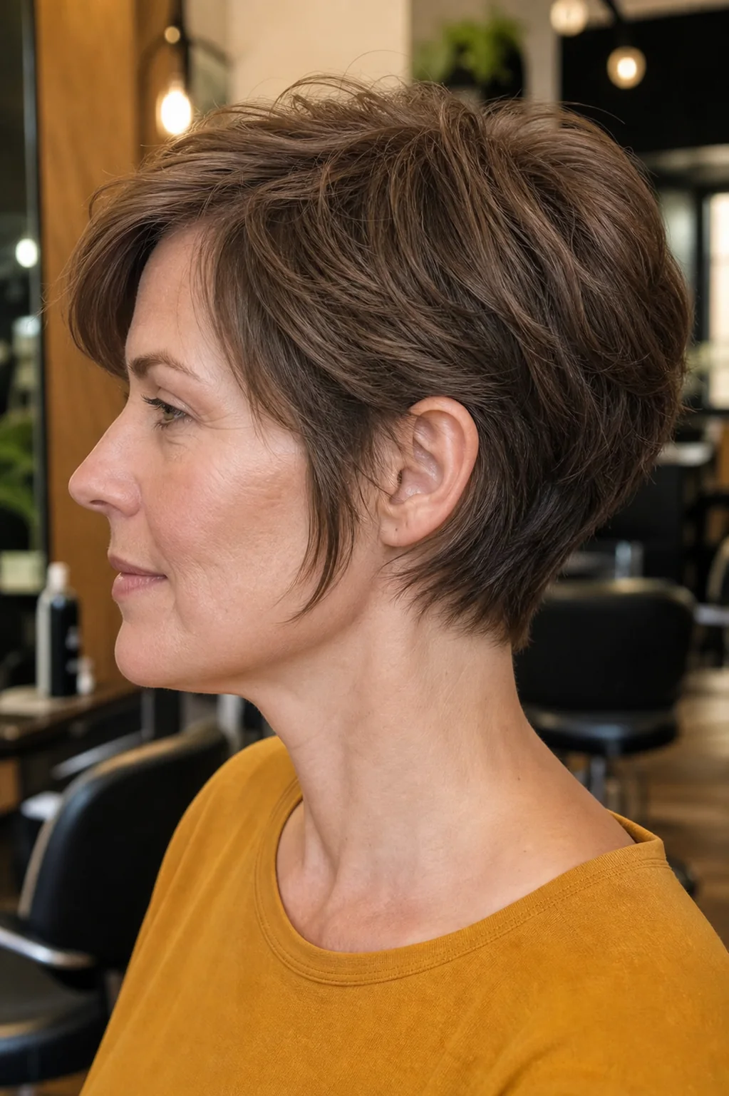 White woman wearing an intentional growing-out pixie shaped into a bixie