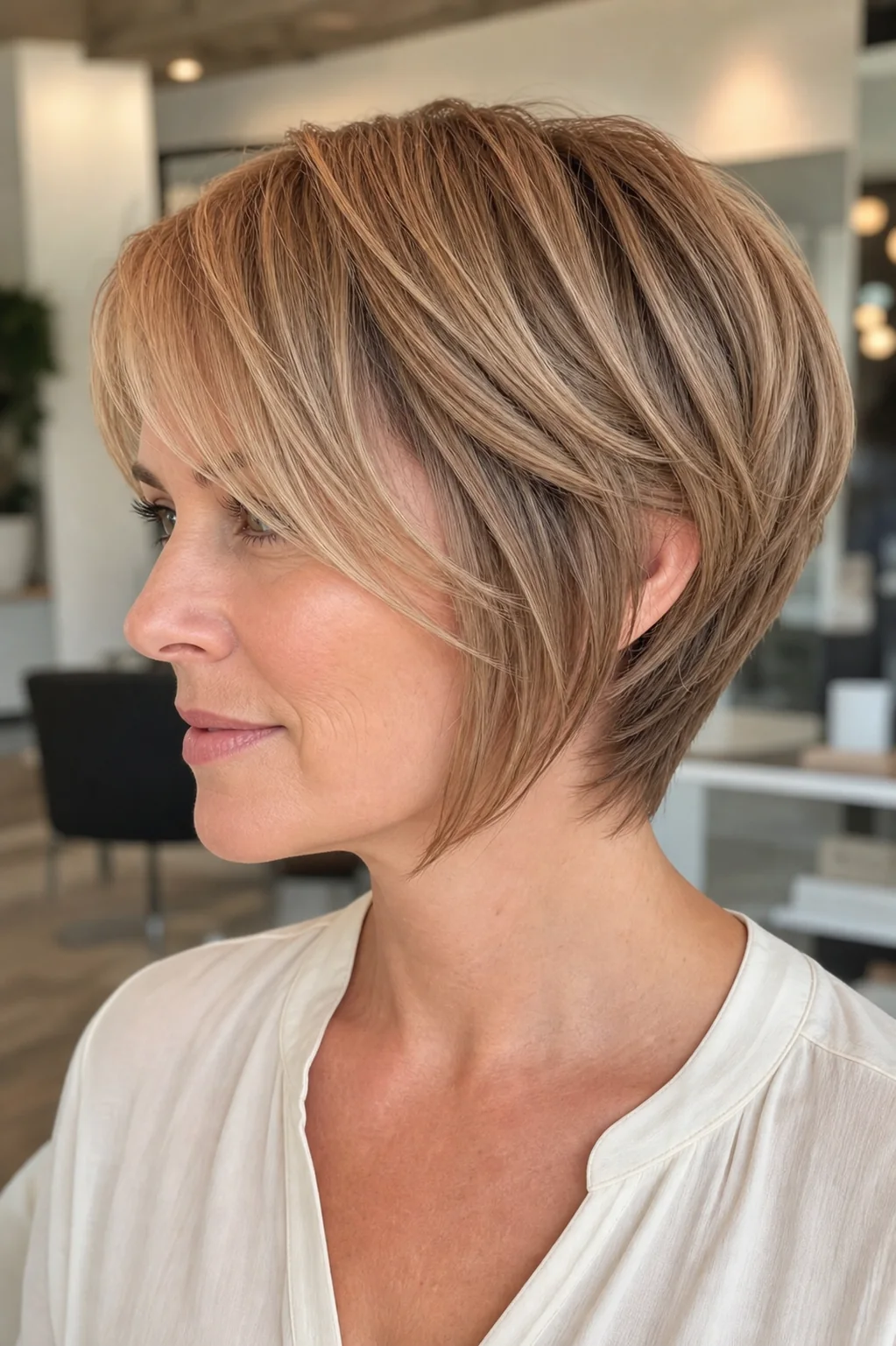 White woman with dark blonde hair wearing a long bixie with side bangs