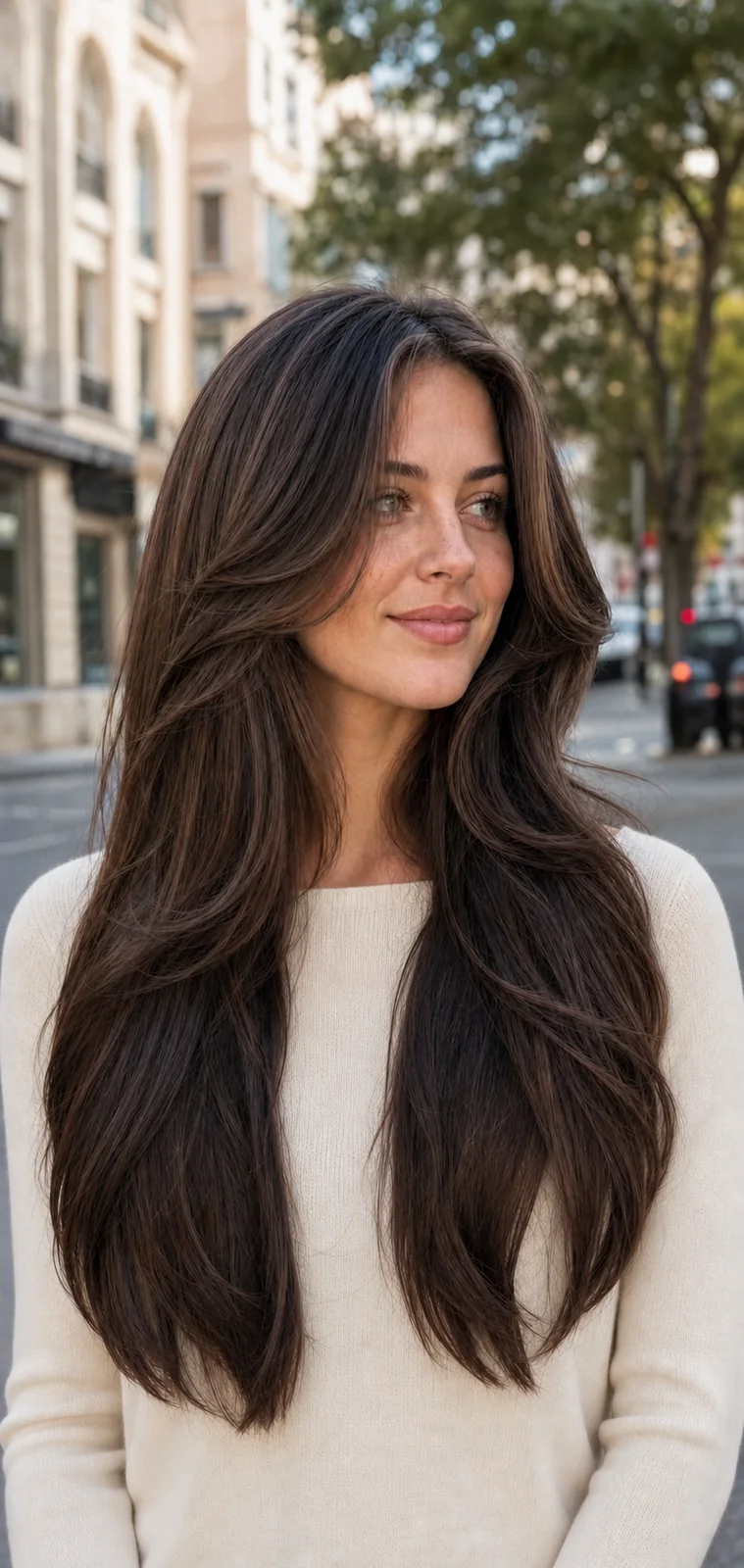 White woman with long brunette hair wearing a classic butterfly haircut
