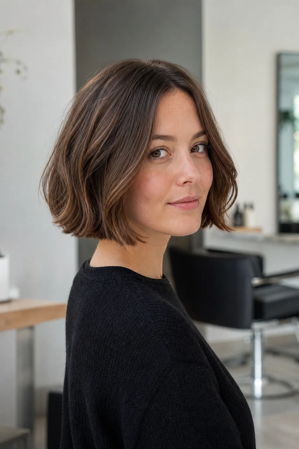 White woman wearing a longer grown-out French bob with soft layers