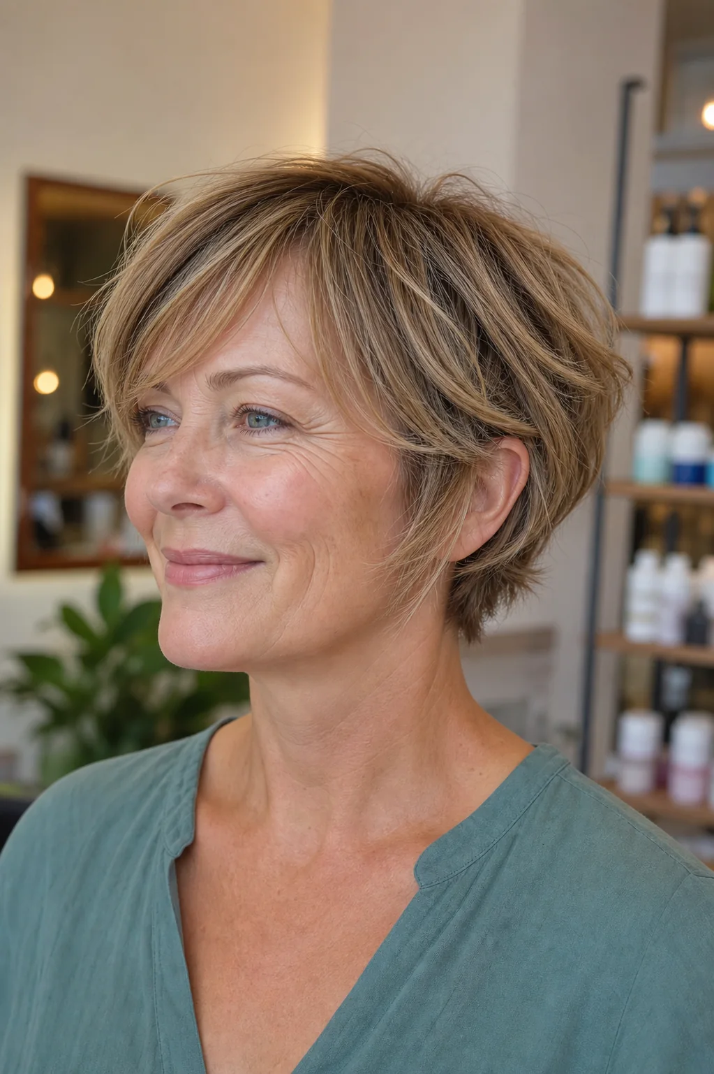 White woman with dark blonde hair wearing a low-maintenance air-dried bixie