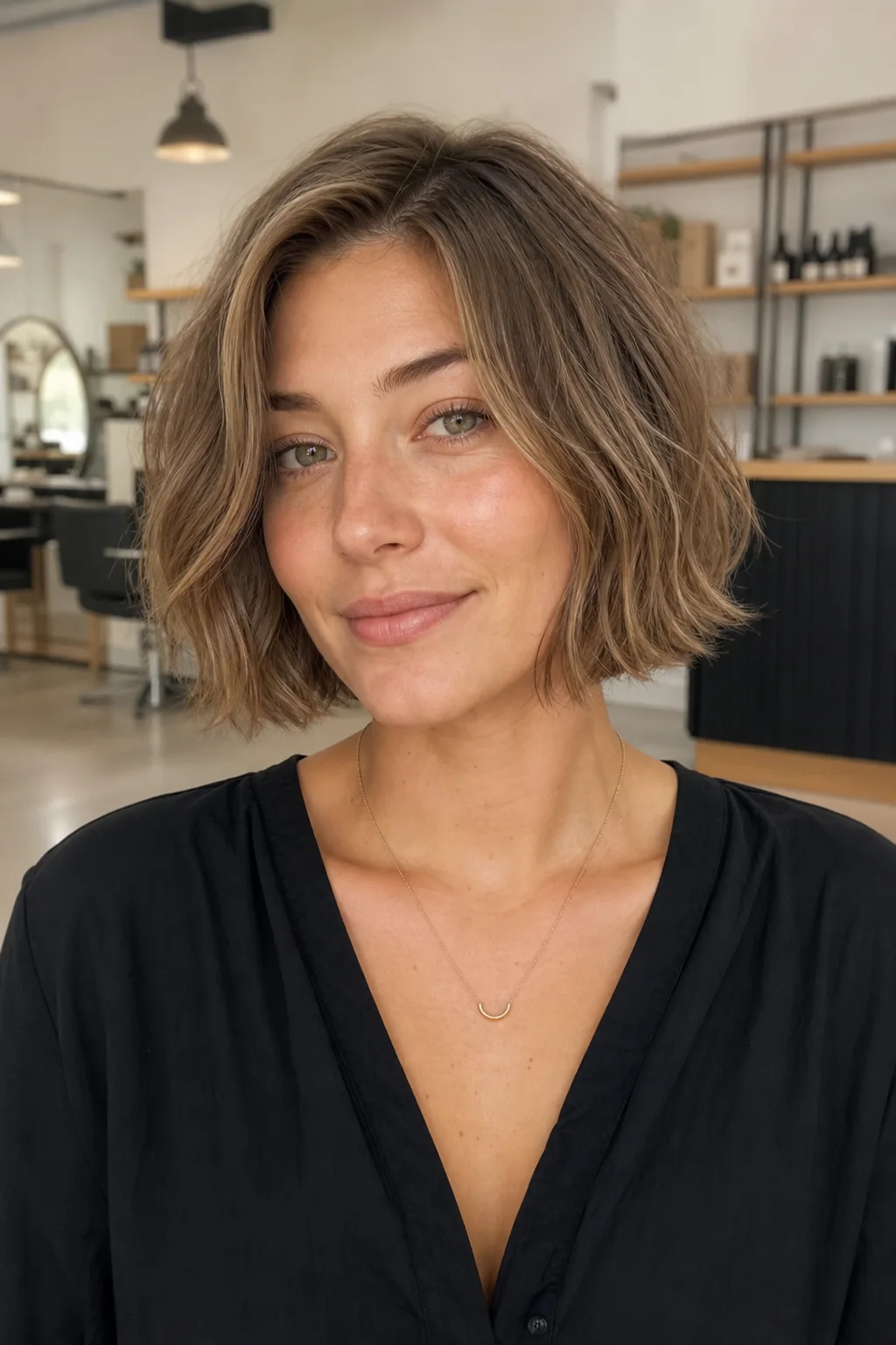 White woman with naturally wavy hair wearing an air-dried French bob