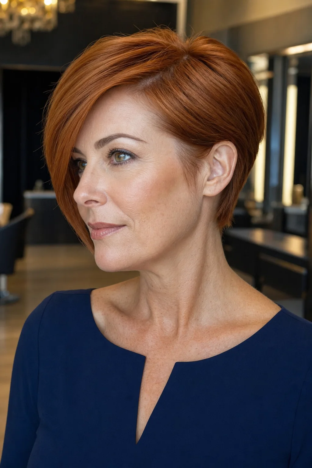 White woman with copper red hair wearing a polished bixie tucked behind one ear